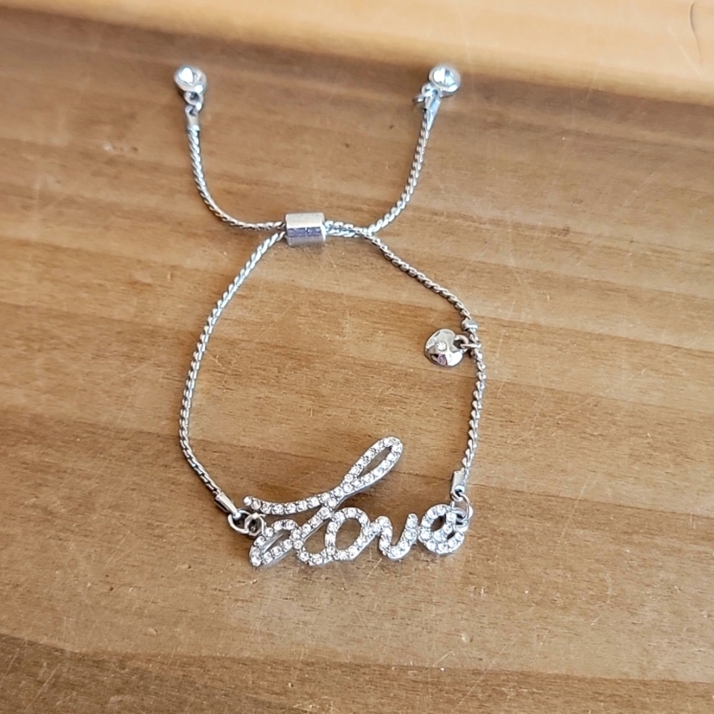 Silver Tone Metal Adjustable Love Bracelet Clear Rhinestones Heart Charm